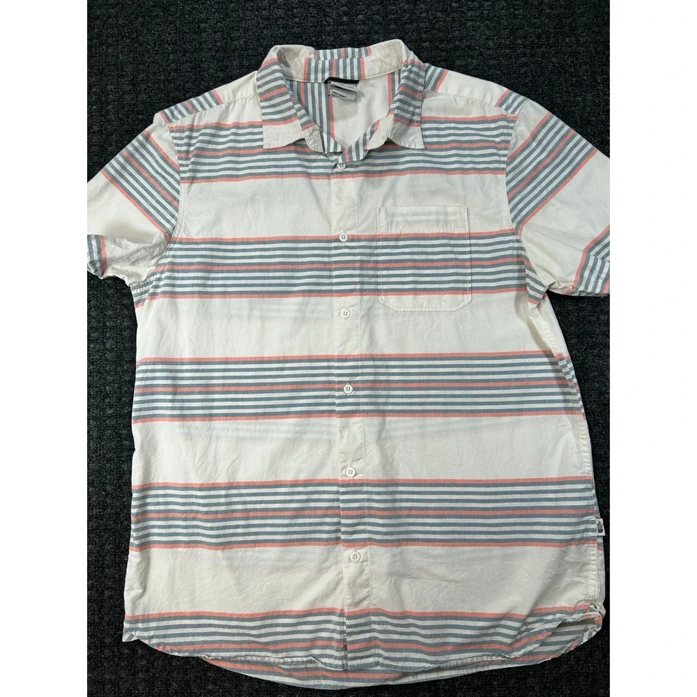 The North Face Mens Lrg Short Sleeve Button Down Striped Shirt Blue Coral White